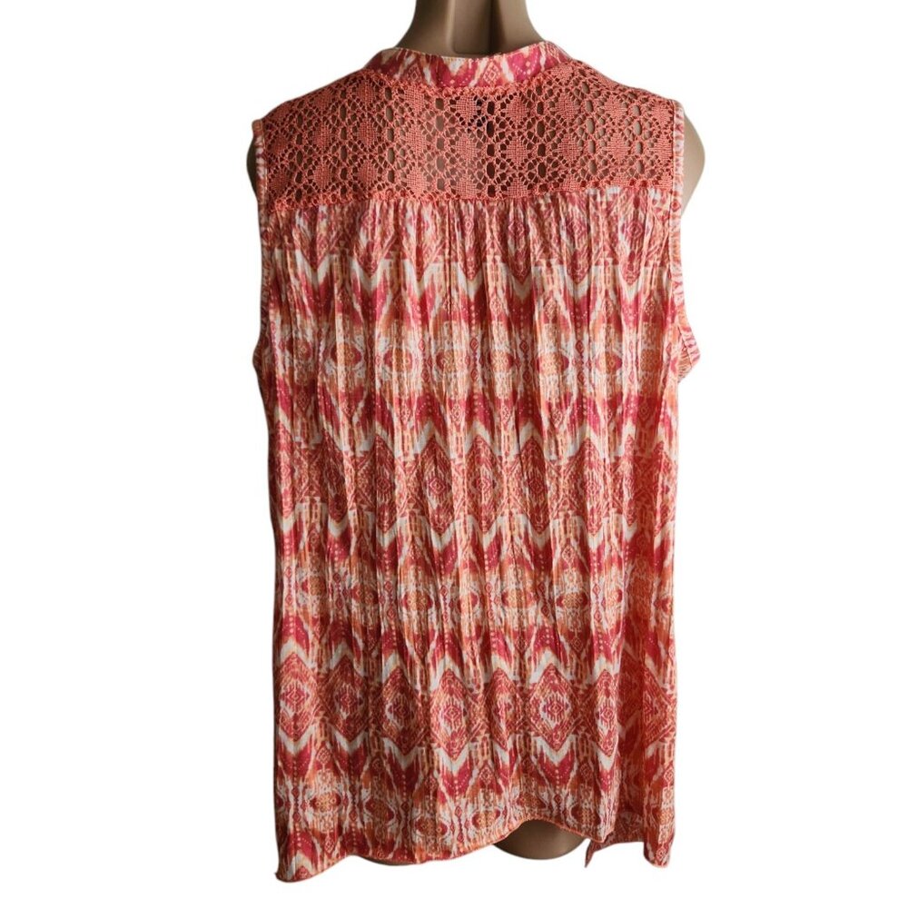 Summer Sleeveless Orange Geometric White Print Crochet Boho Hippie Top Size 1X - Picture 2 of 8